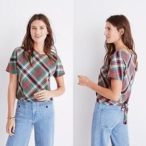 NWT Madewell Plaid Tie-Back Cotton Blend Top in Red Green Multi Size XS $65